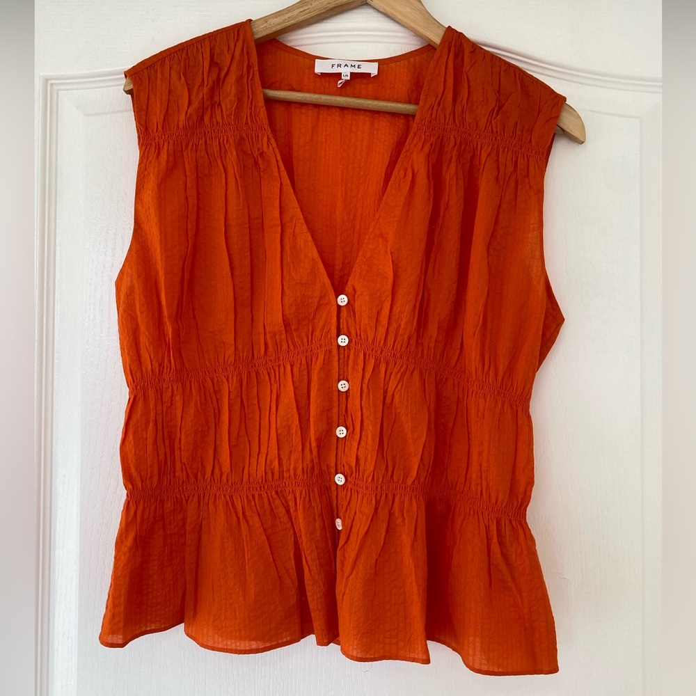 Frame Button Down Orange Crush Ruched Top - Picture 6 of 16